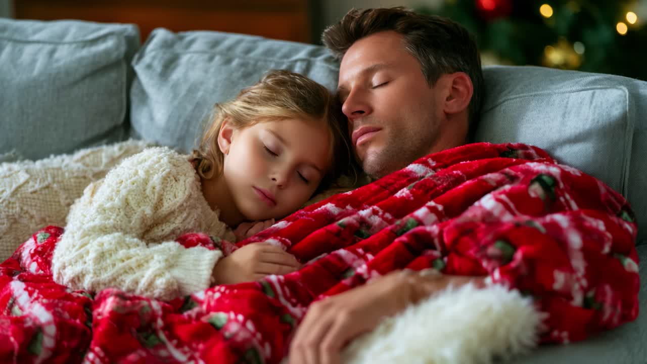 Una scena invernale accogliente: un padre e sua figlia si godono un pisolino tranquillo insieme, avvolti in una festosa coperta rossa, circondati dal calore della gioia e dell'amore delle feste.