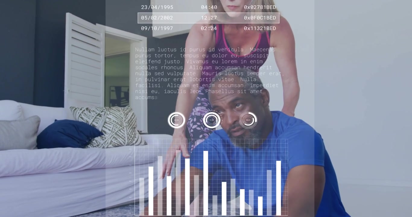 Woman positioning behind man pressing guiding deeper stretch for fitness on yoga mat with HUD chart