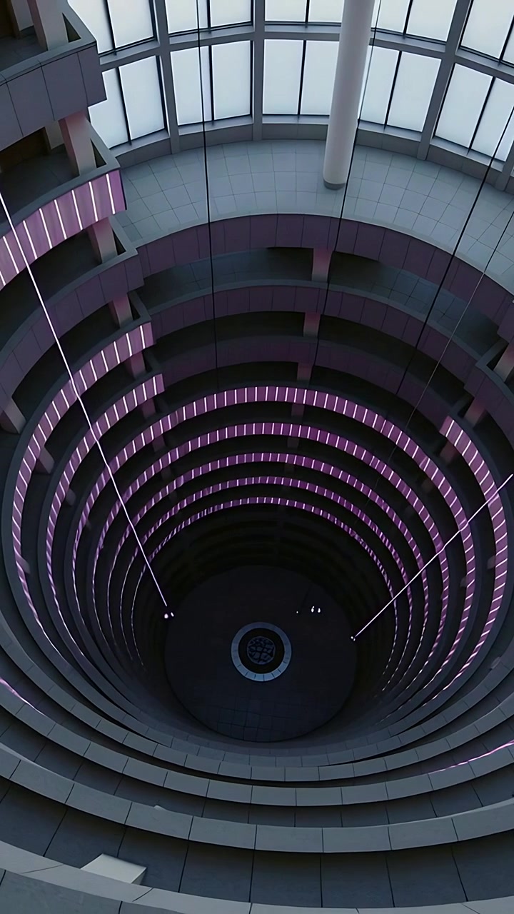 Vertical video: Starting LED sequence, atrium showing purple bands then fading under skylight