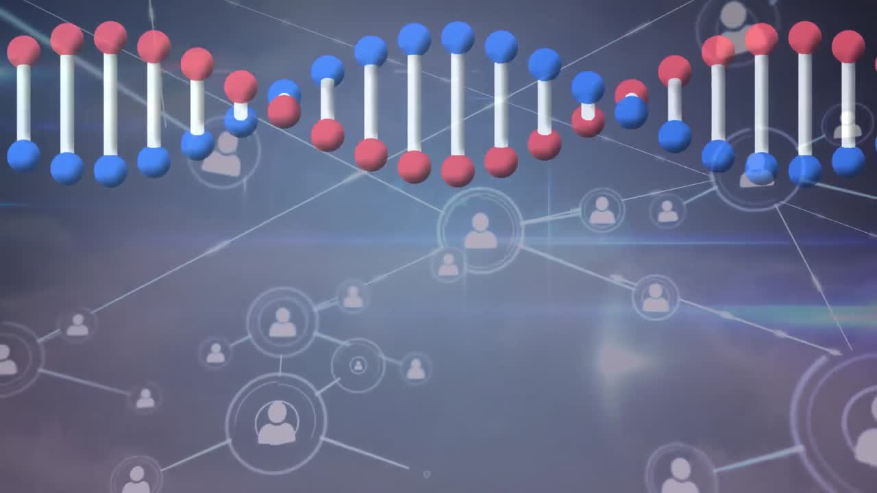파란색 배경 위에 dna 가닥을 가진 연결 네트워크의 애니메이션