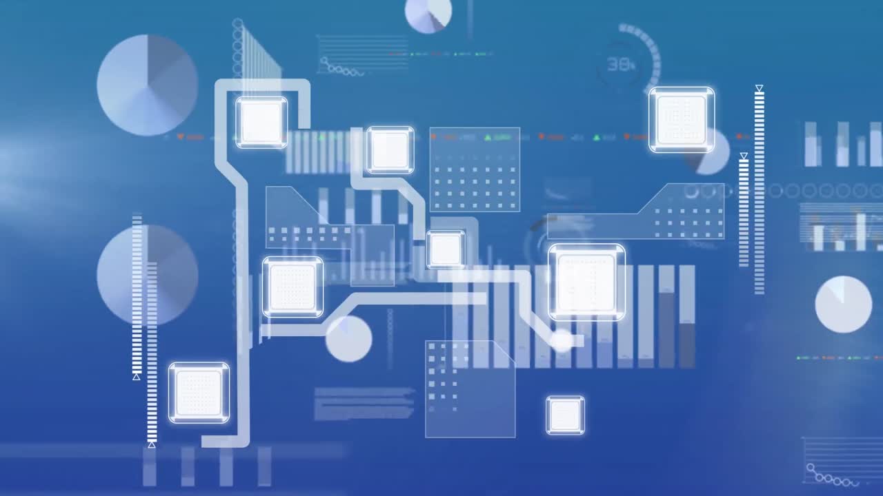 Animation of statistics and data processing over blue background