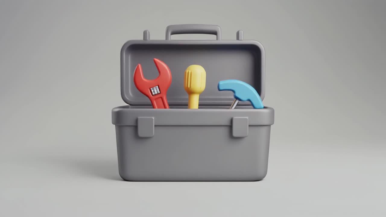 Cartoon Toolbox Opening with Wrench, Screwdriver, and Hammer Appearing