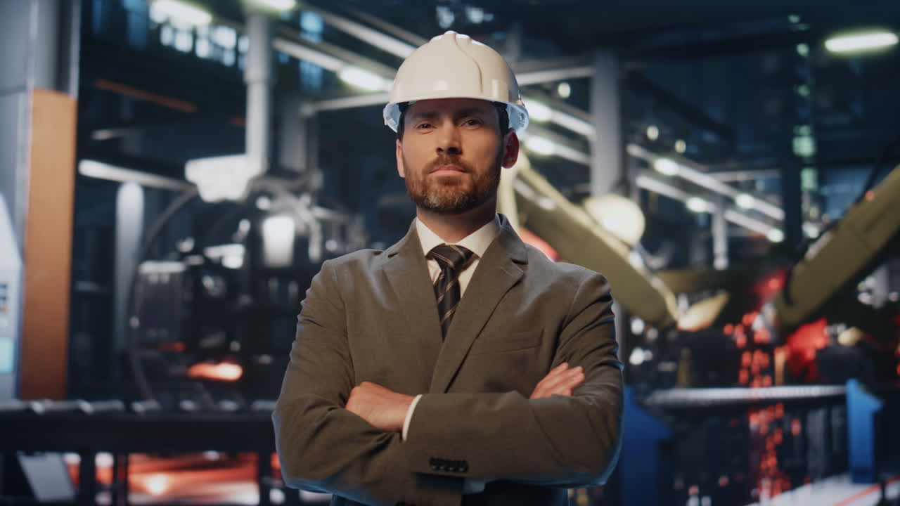 Successful factory owner posing at modern heavy industrial machinery close up.