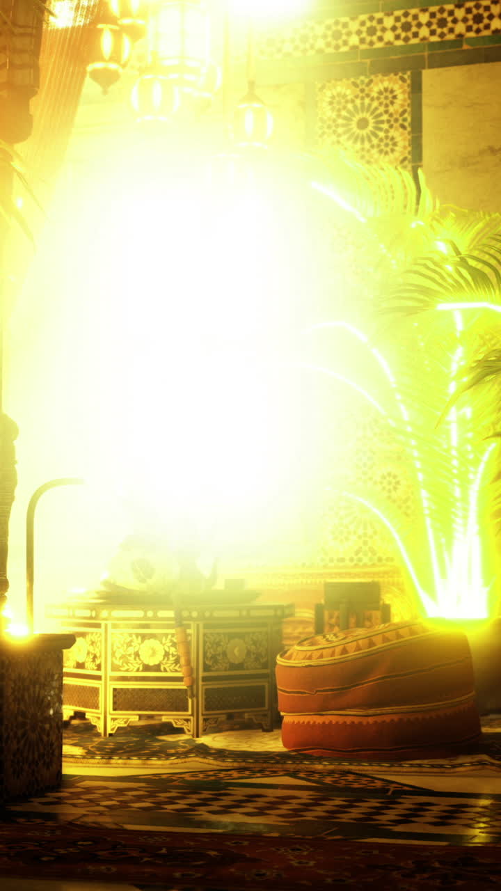 Golden light illuminates a vibrant room adorned with plants and textiles