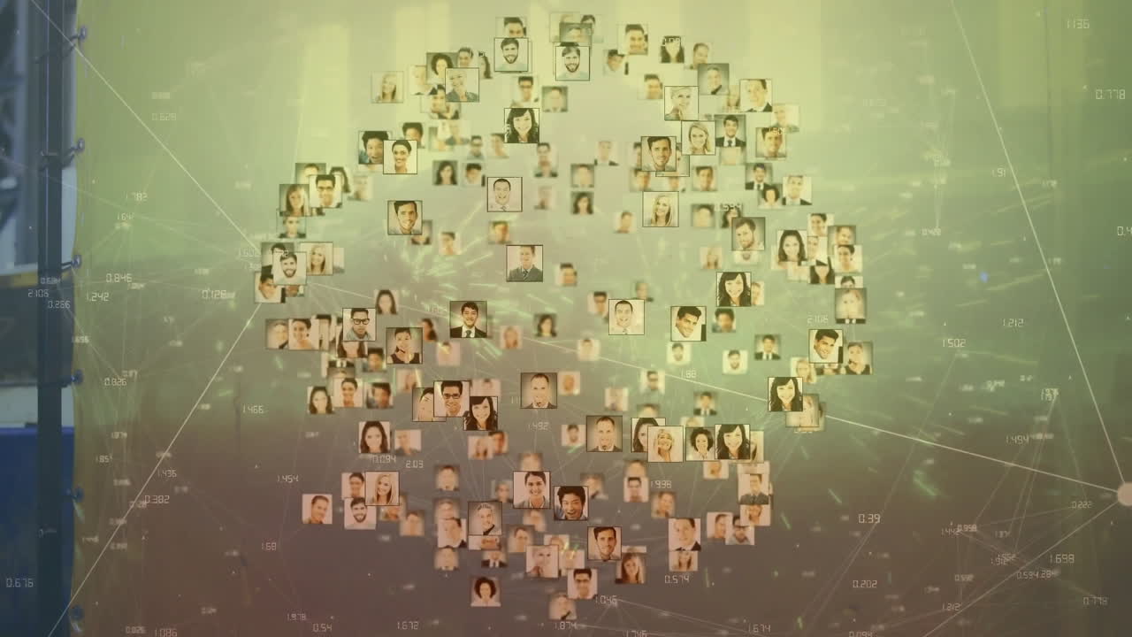 digital headshots floating in virtual data network, showing numeric labels and connecting lines