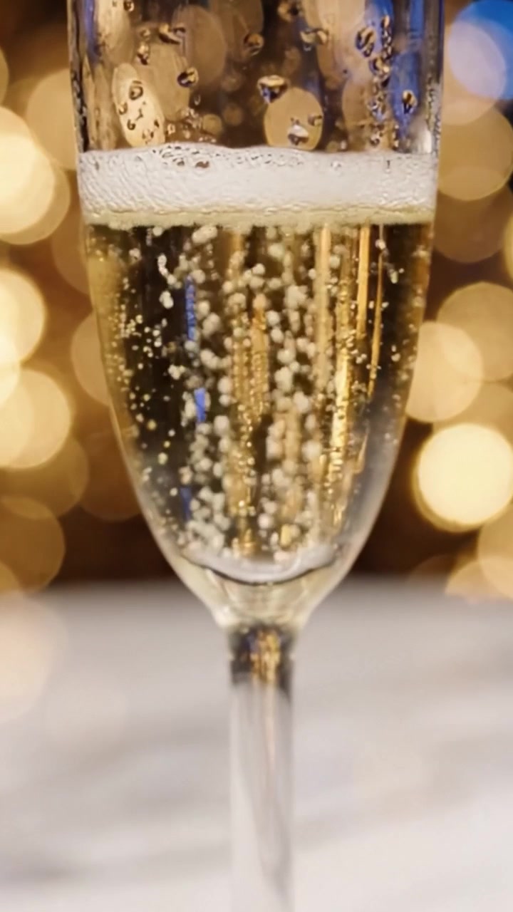 Una celebrazione scintillante in un bicchiere: squisite bollicine di champagne catturate con luci scintillanti sullo sfondo, perfetto per brindare alle occasioni speciali.