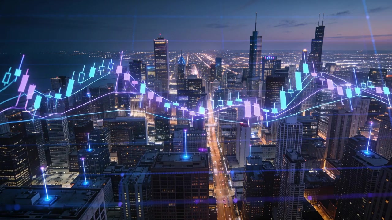 Grafico a candele che entra da sinistra e si estende su uno skyline, con linee di media mobile che evidenziano i punti di svolta del mercato.