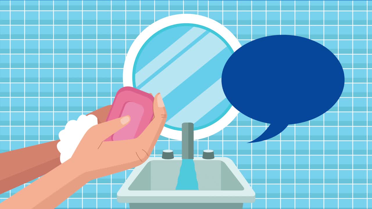 세계적인 손 기 축제 애니메이션: 화장실에서 비누로 손을 는 모습