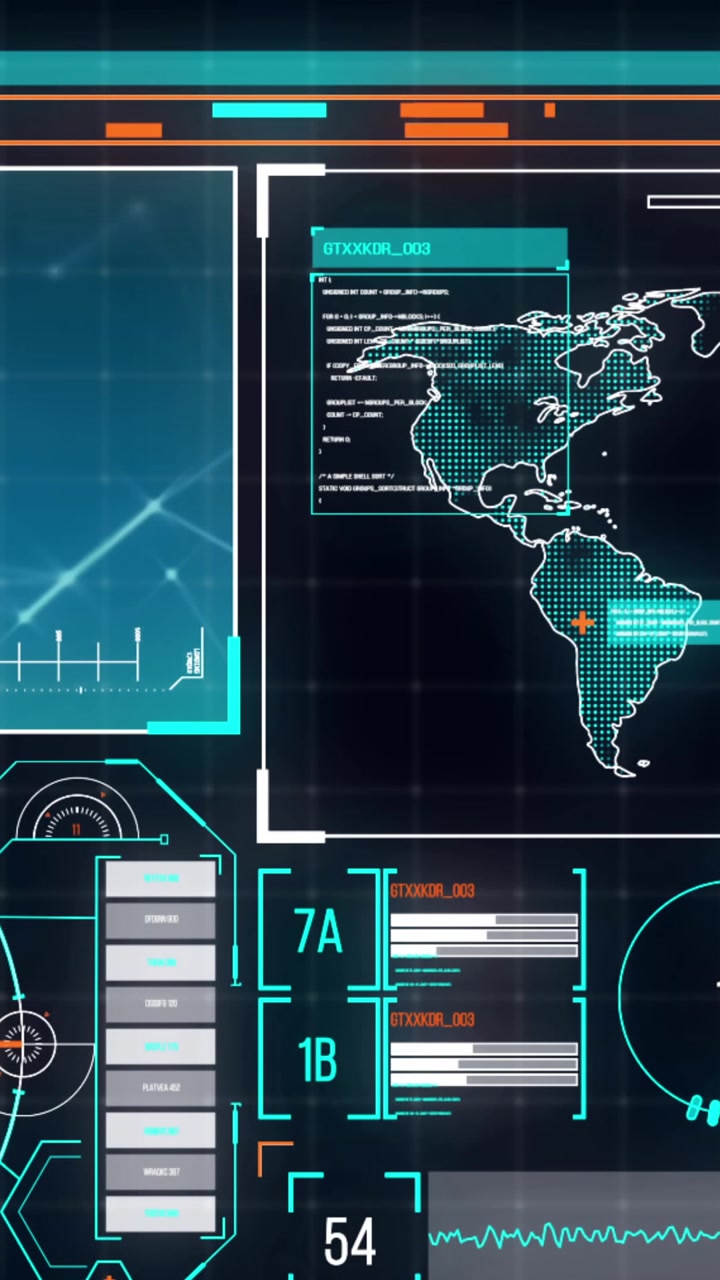 Animation of interface with spinning globe, world map and data processing on blue background