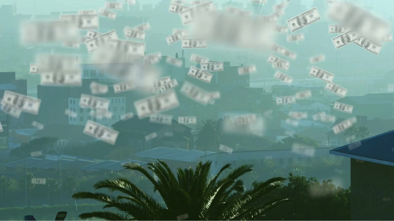 Video verticale: All'inizio, banconote che fluttuano sui tetti e una palma che cresce fitta per la finanza.