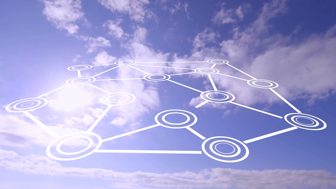 Animação de redes de conexões com ícones sobre o céu