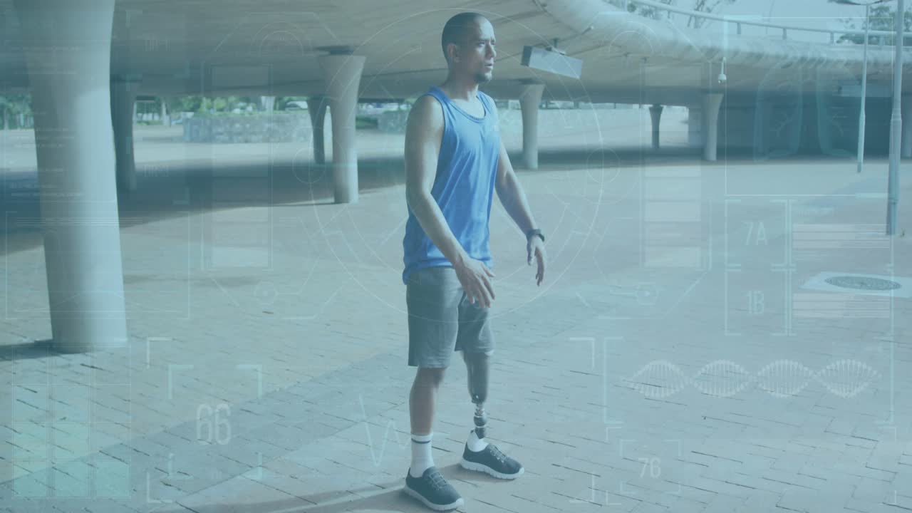 A disabled man with a prosthetic leg is shown working out in an urban area