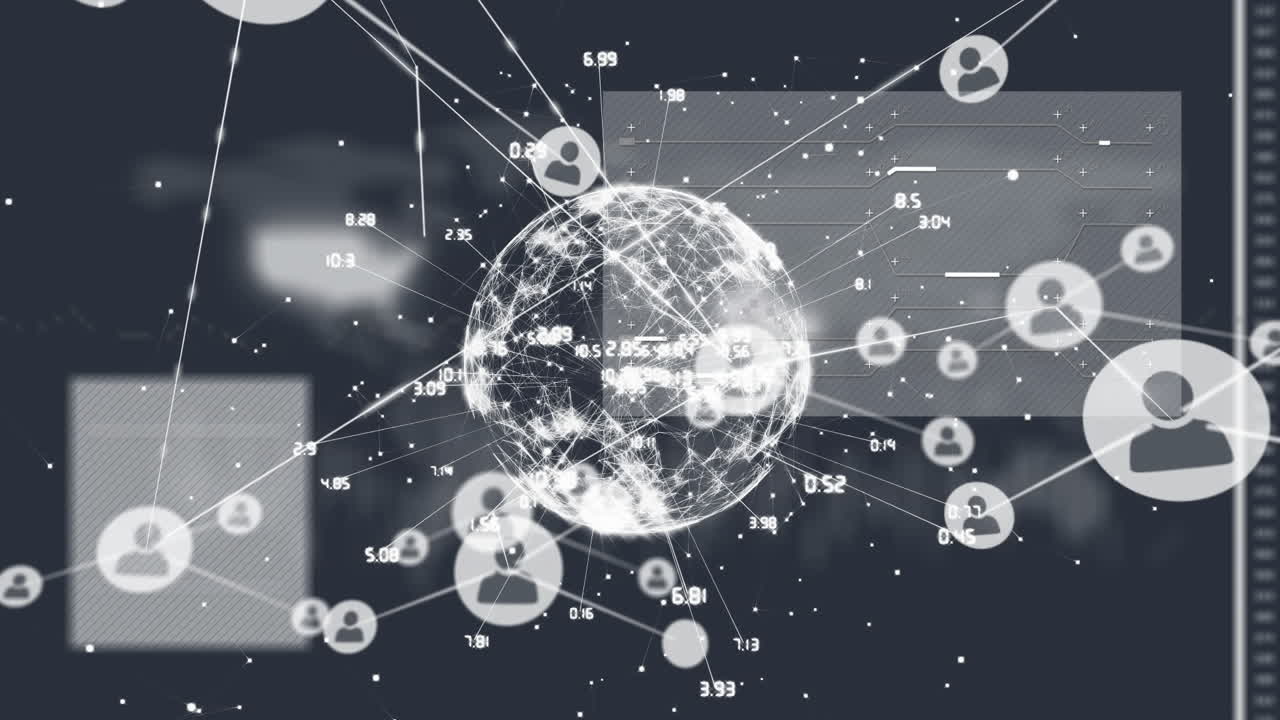Animazione di una rete di connessioni con icone su un globo e elaborazione dati su sfondo nero.