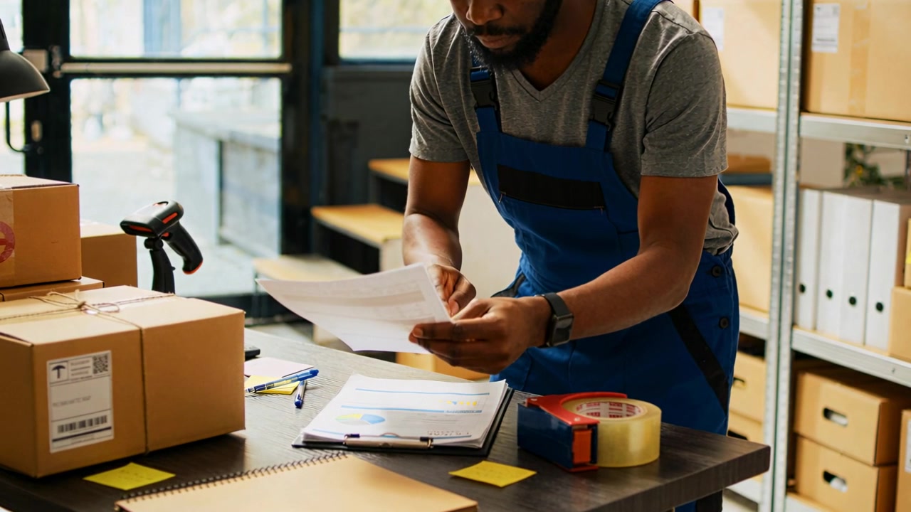 Reaching for sheet, man in blue overalls comparing to clipboard at packing table, preparing order