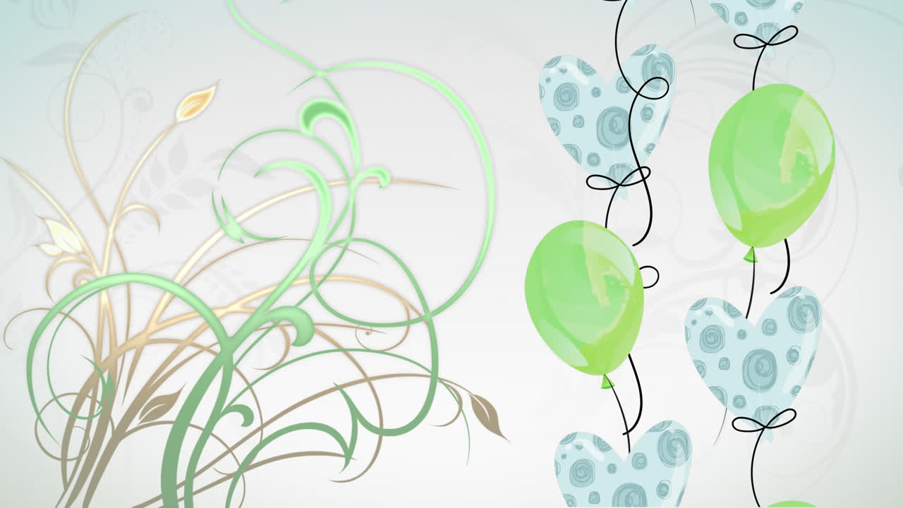animación de globos y flores de colores sobre un fondo blanco