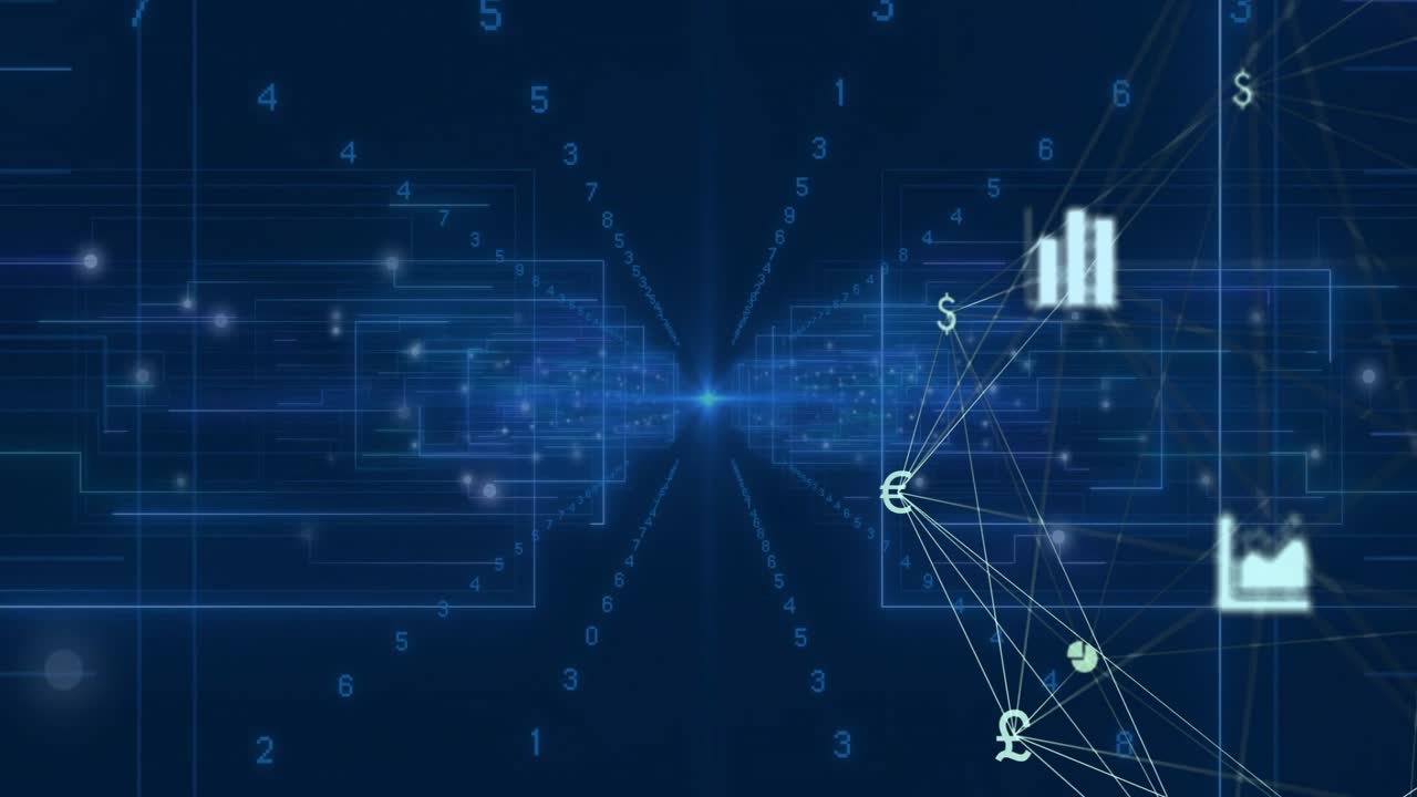 Currency symbols floating across deep blue data corridors, featuring chart and graph icons