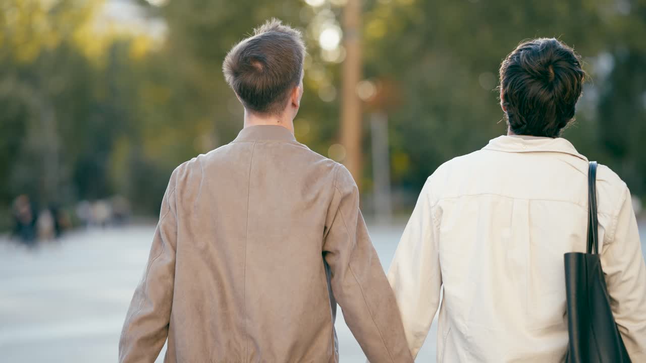 Gay couple walking and holding hands