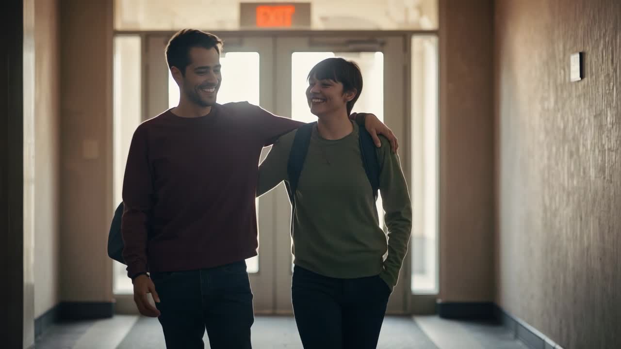 Two adults walking and chatting in entry hall through glass doors, wearing sweaters and backpacks