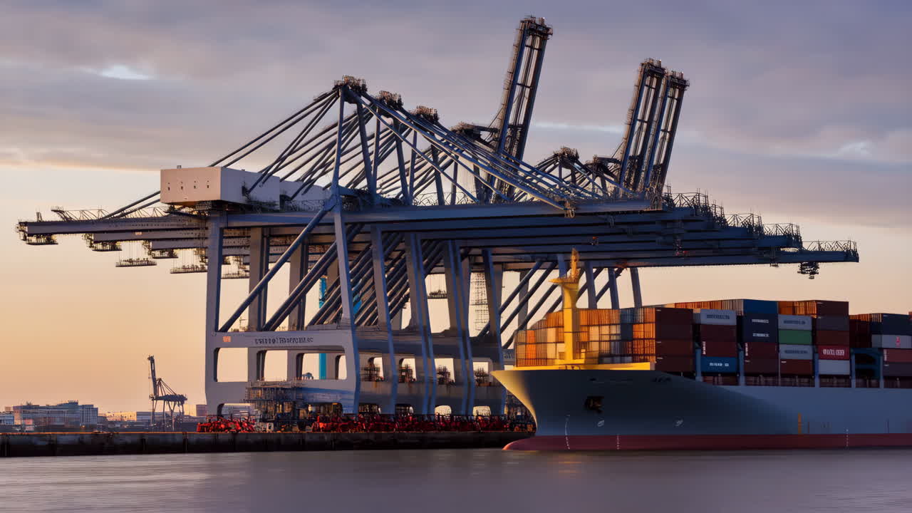Containerskib i havn med kraner