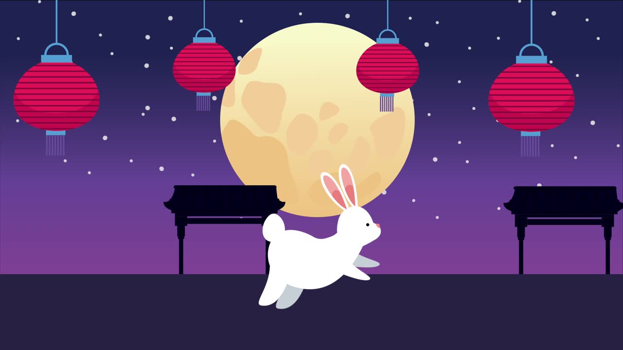 밤에는 토끼와 램프가 있는 가을 중절 축제 애니메이션