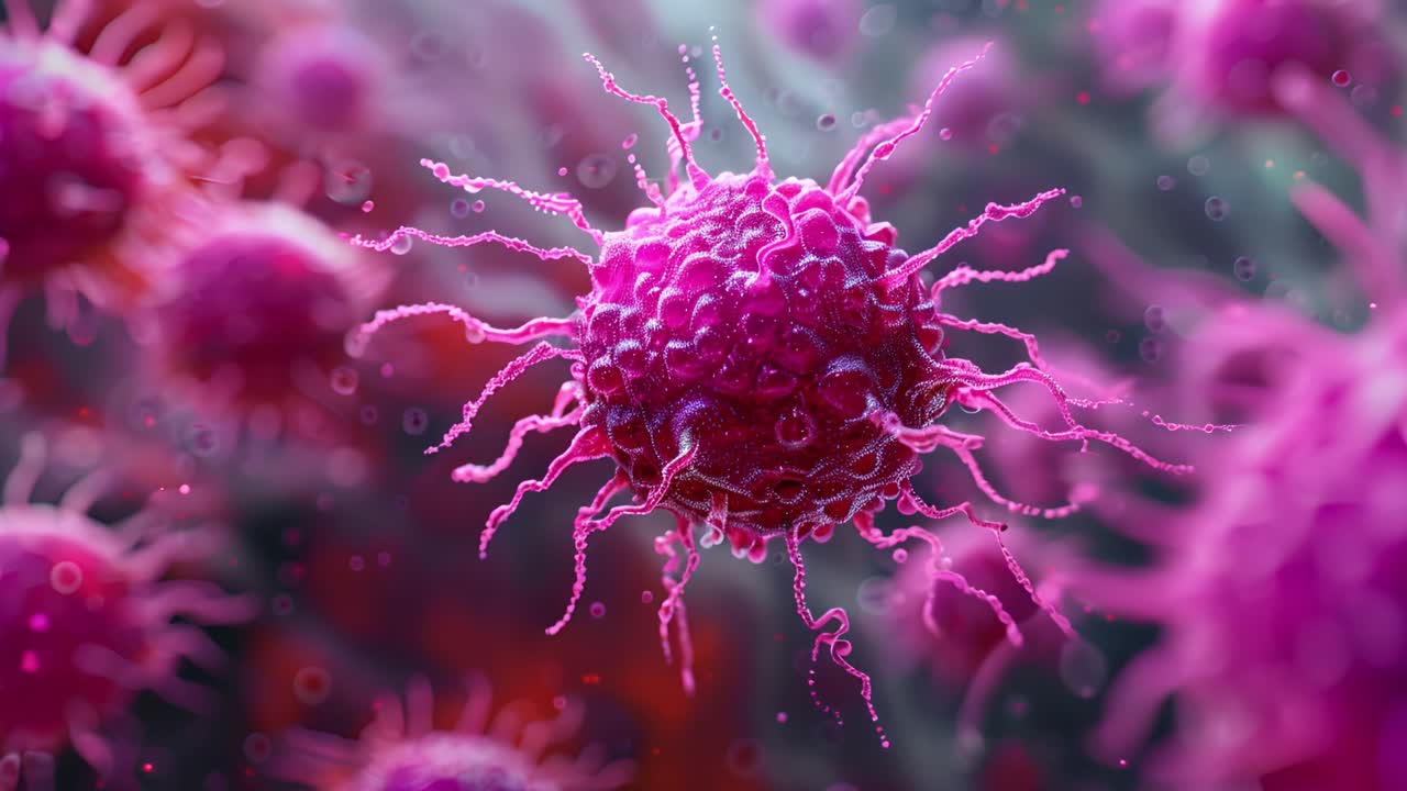 Microscopic view of a pink cancer cell or virus