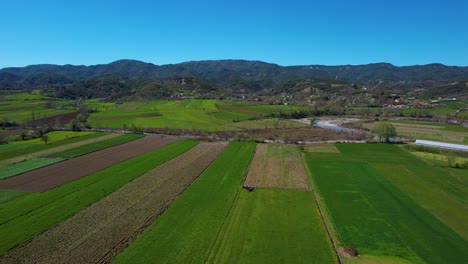 Parcelas-Verdes-En-El-Paisaje-De-Un-Pueblo:-Tierras-Cultivadas-Que-Florecen-Con-Vegetación-En-Primavera,-Enclavadas-En-Un-Hermoso-Valle-En-Albania