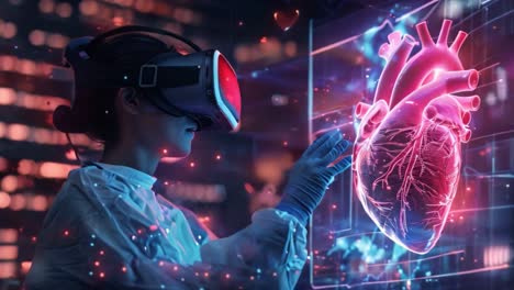 medical professional using vr to examine a holographic heart