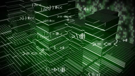 mathematical symbols against 3d city model spinning