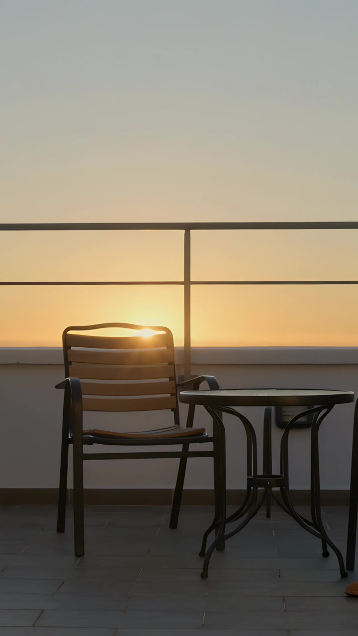 Video verticale: Il sole basso all'orizzonte che filtra attraverso una sedia di metallo su un balcone, riscaldando un tavolo.