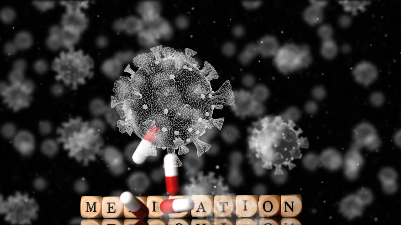 떨어지는 알약 위에 떠다니는 거대 코로나19 세포의 애니메이션