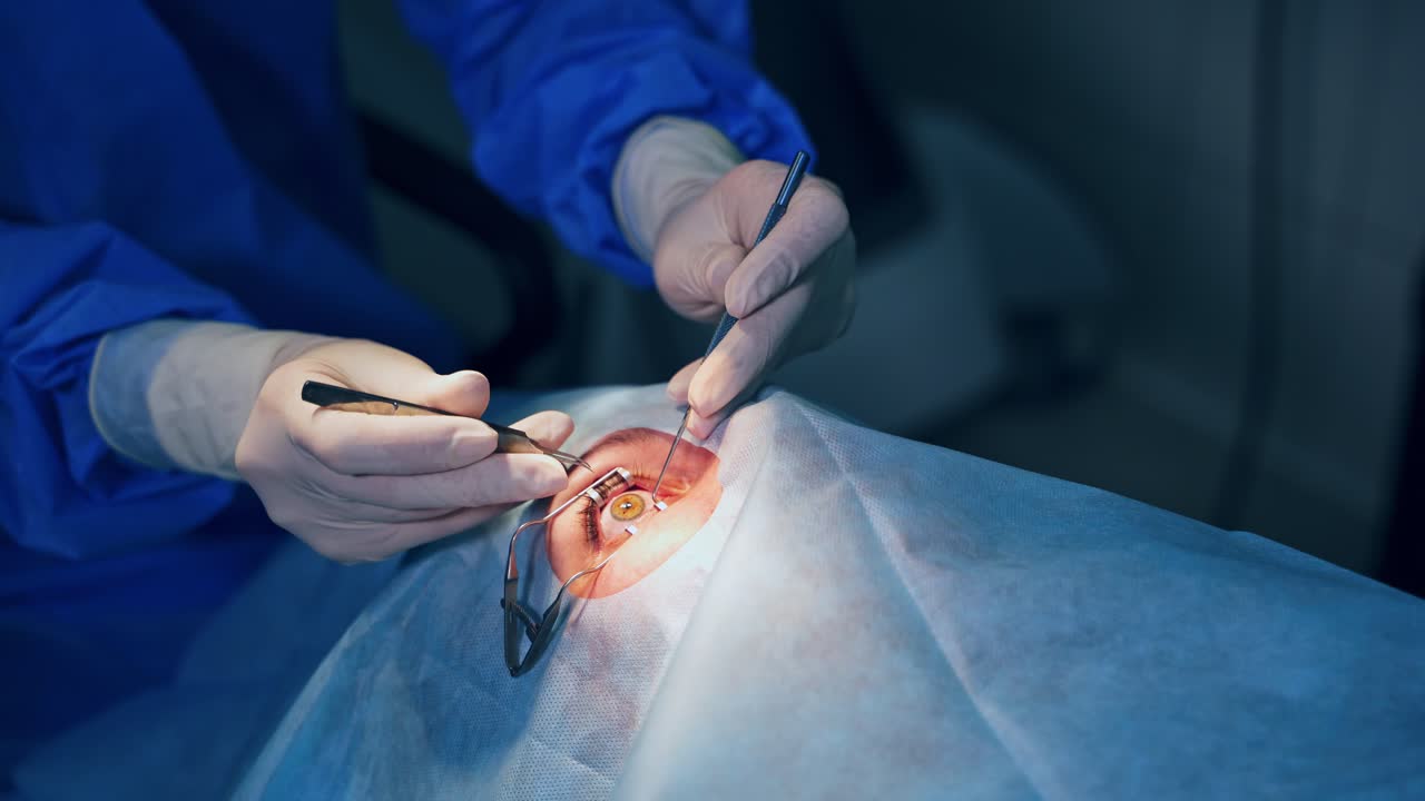 Ophthalmology operation. Surgeon's hands in gloves performing eye vision correction. Modern clinic and equipment. Selective video focus.