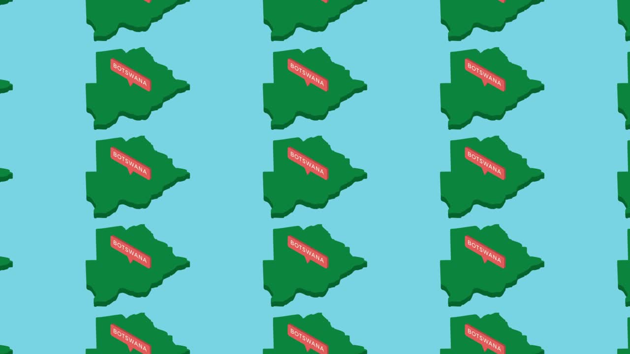 푸른 배경에 오렌지색 포인터를 가진 아프리카 국가 보츠와나의 녹색 이소메트릭 지도. 가짜 3d 지리적 지도 개념의 원활한 루프 수평 움직임
