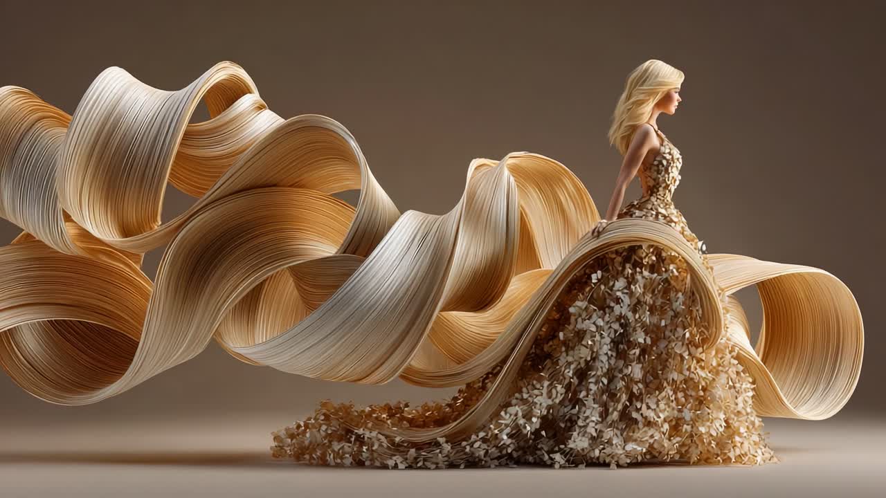 A Stunning Display of Fashion Artistry: Ethereal Model in Exquisite Gown Crafted from Flowing Strands, Combining Elegance and Nature's Beauty Captured in a Dynamic Composition