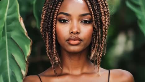 a woman with braids in her hair and a green leaf in the background