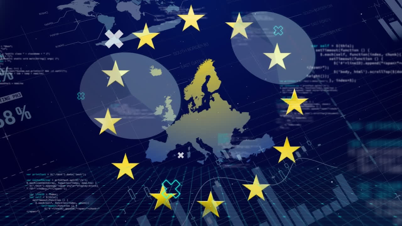 유럽 연합의  ⁇ 발의 별 위에 있는 금융 데이터 처리 애니메이션