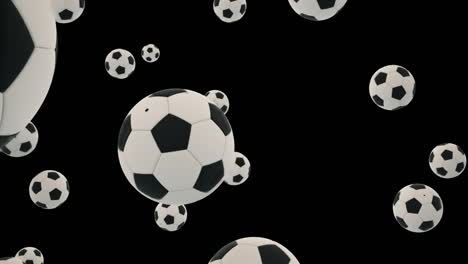 animation of falling soccer balls on black background moving left to right