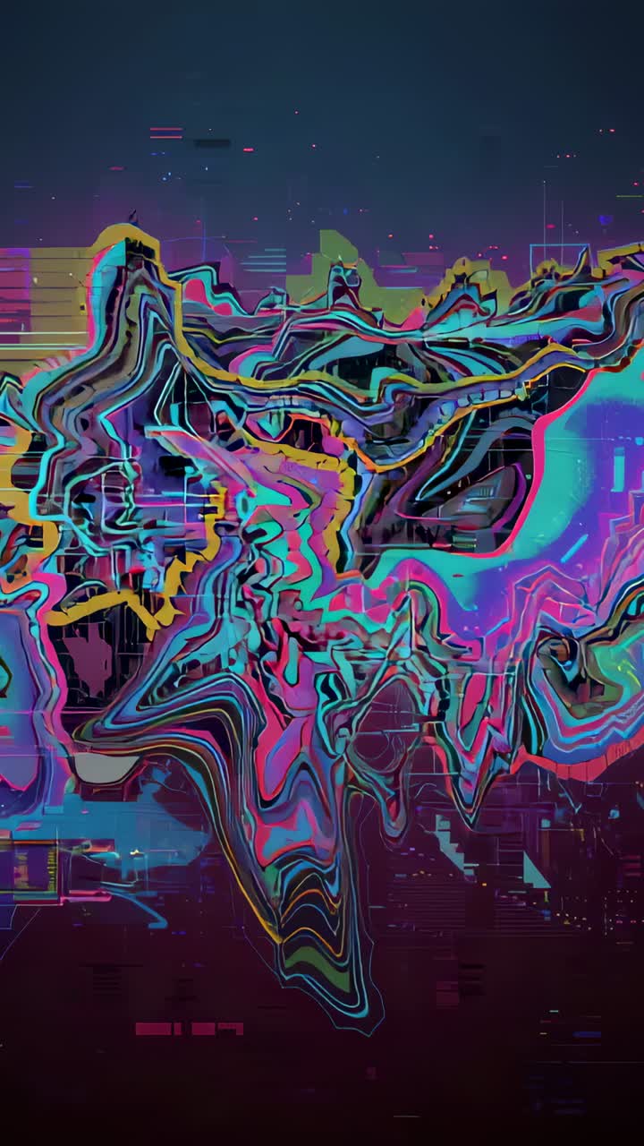 Vertical video: Starting frames showing neon form shifting and warping on navy screen as glitch art