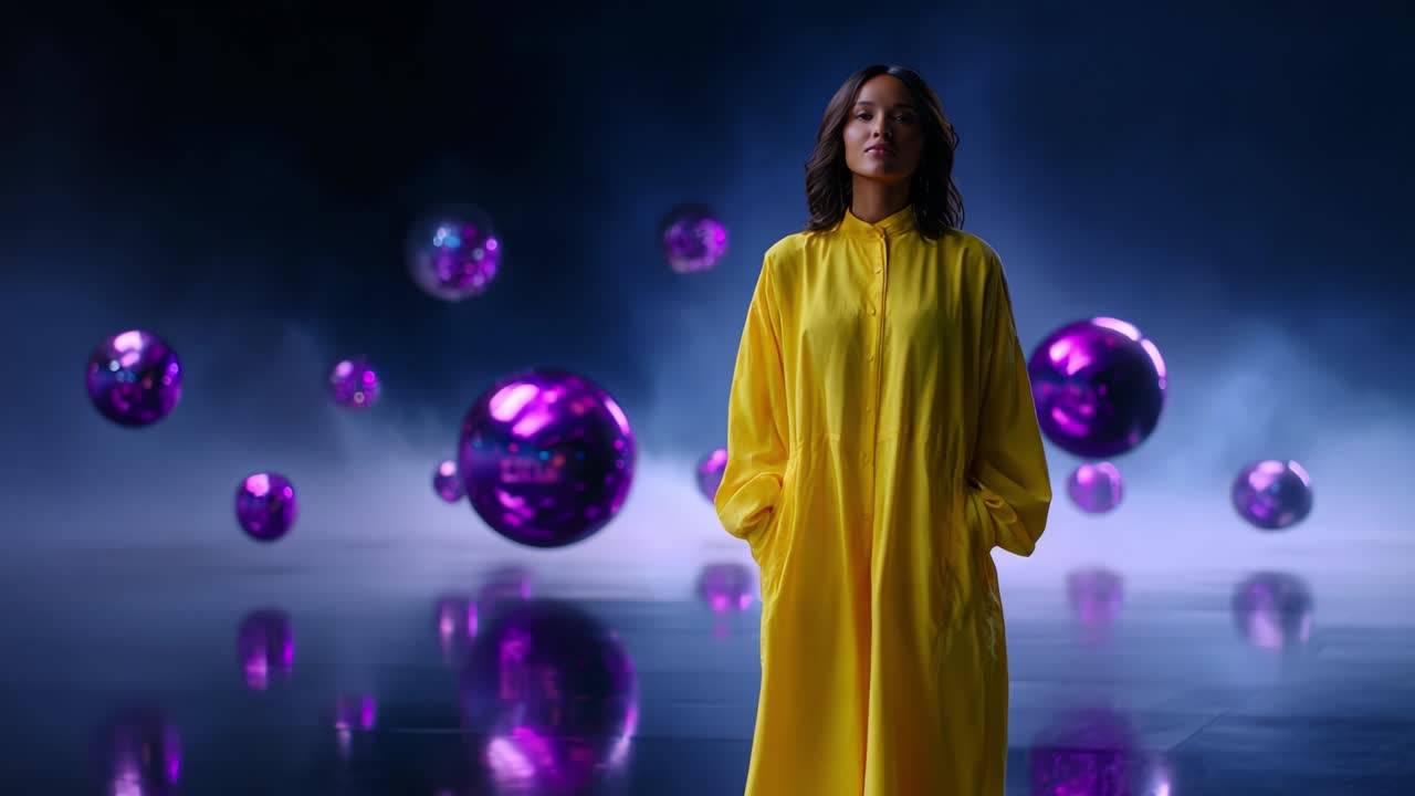 A young woman in a bright yellow oversized dress stands confidently in a mystical atmosphere filled with shiny purple spheres and a softly illuminated background, embodying a surreal and vibrant aesthetic