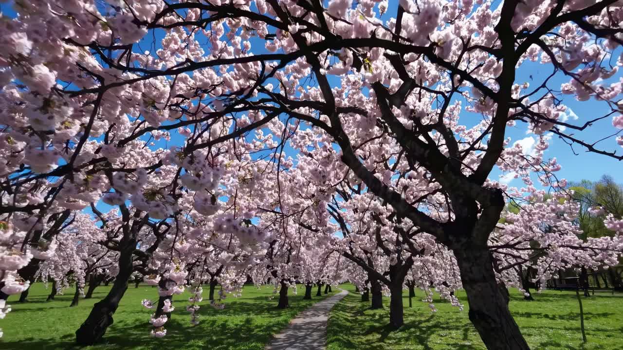 delicadas flores de cerezo rosadas floreciendo a lo largo de un callejón sereno, bañándose en la cálida luz del sol y creando un fascinante paisaje primaveral con pétalos suaves y vibrante belleza natural