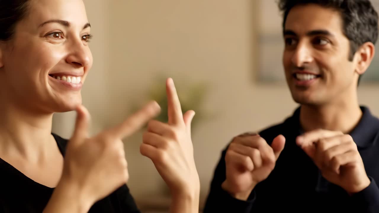 Two people conversing and gesturing indoors