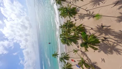 fpv flight over palm trees, golden beach and caribbean sea with anchored ship during sunny day - playa los coquitos, maria trinidad sanchez