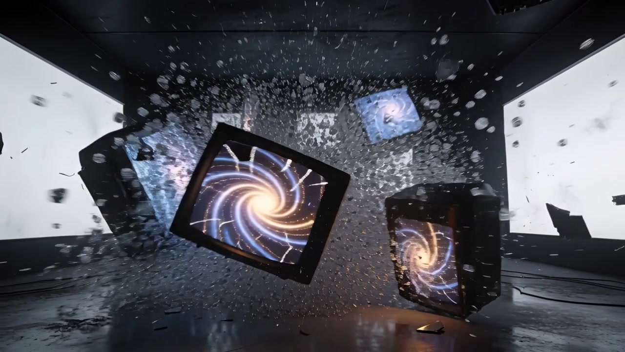 Rotating CRT televisions shattering and falling in dark studio, responding to light tunnel