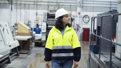 Serious-female-engineer-walking-at-factory