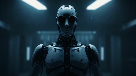 a captivating glimpse of a futuristic robot with luminous eyes in a dimly lit environment, showcasing advanced technology and impressive design aesthetic