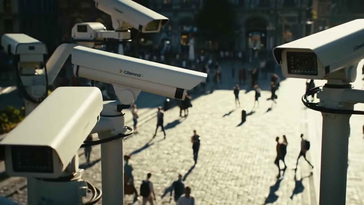 Surveillance Overview: Aerial View of Security Cameras Monitoring Urban Foot Traffic in a Busy Public Square During Golden Hour Light