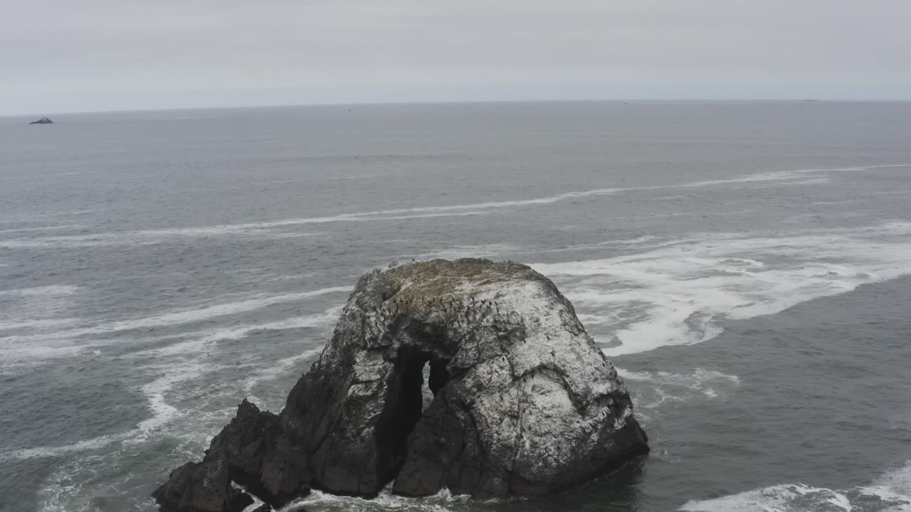 Luftfoto af en stormfuld, stenet havbred, der panorerer omkring en stor klippe i havet, bølger slår mod mørke havsten, himlen ser mørk ud med skyer.