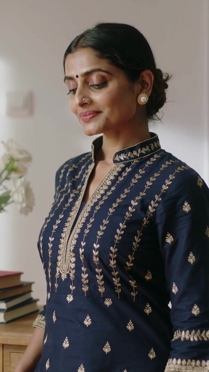 Video verticale: Donna sorridente risponde alla telecamera, abbassando gli occhi vicino a un tavolo con libri, indossando una kurta blu navy.