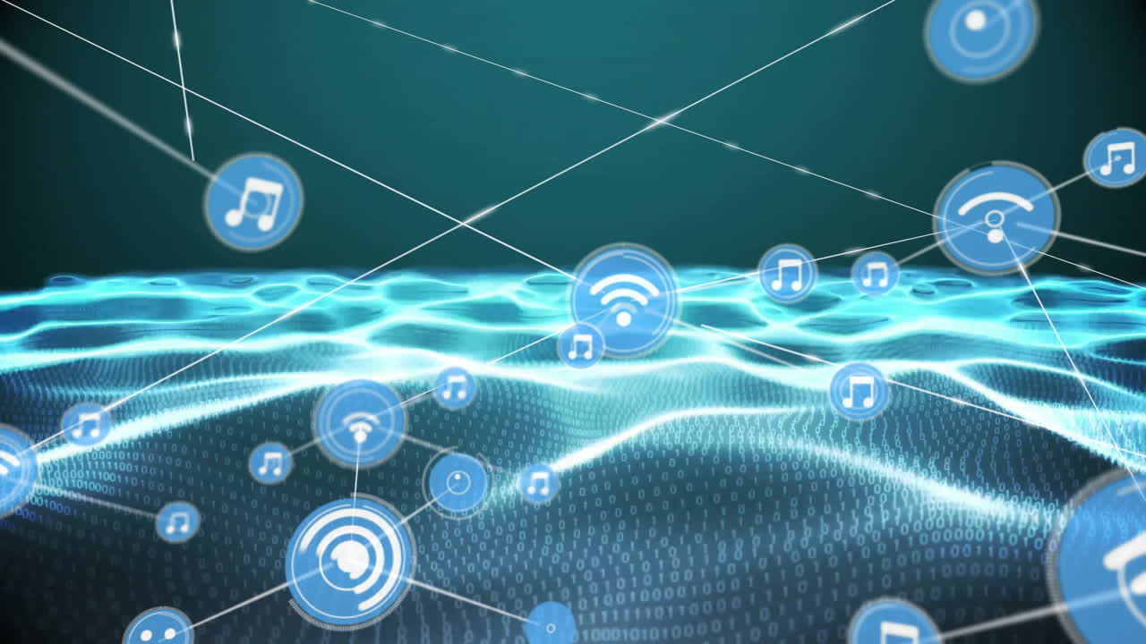 Music and connectivity icons animation over digital waves and binary code