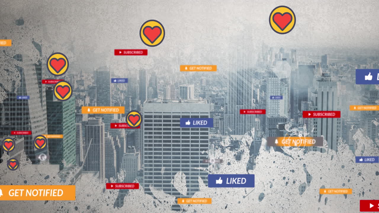 도시 풍경 위에 떨어지는 소셜 미디어 아이콘과 이모티콘의 애니메이션