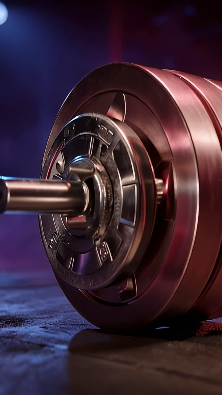 A close-up shot of a sleek, modern barbell with weights resting on a gym floor illuminated by vibrant purple and blue lights, capturing fitness and strength